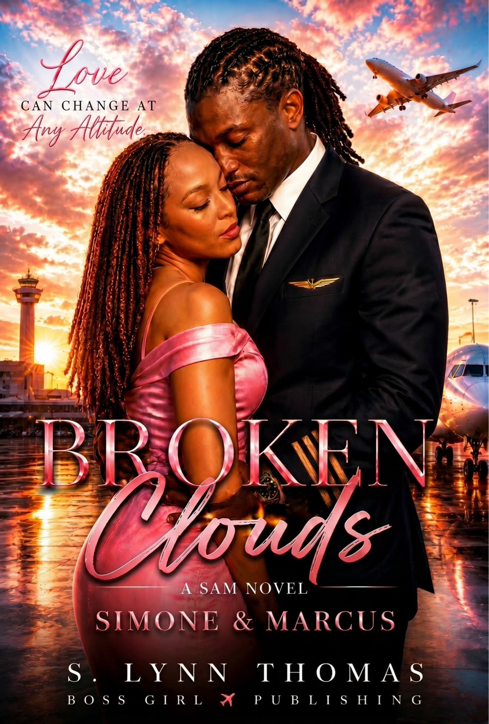 Broken Clouds: Simone & Marcus cover, couple embracing on tarmac at sunset with a plane overhead