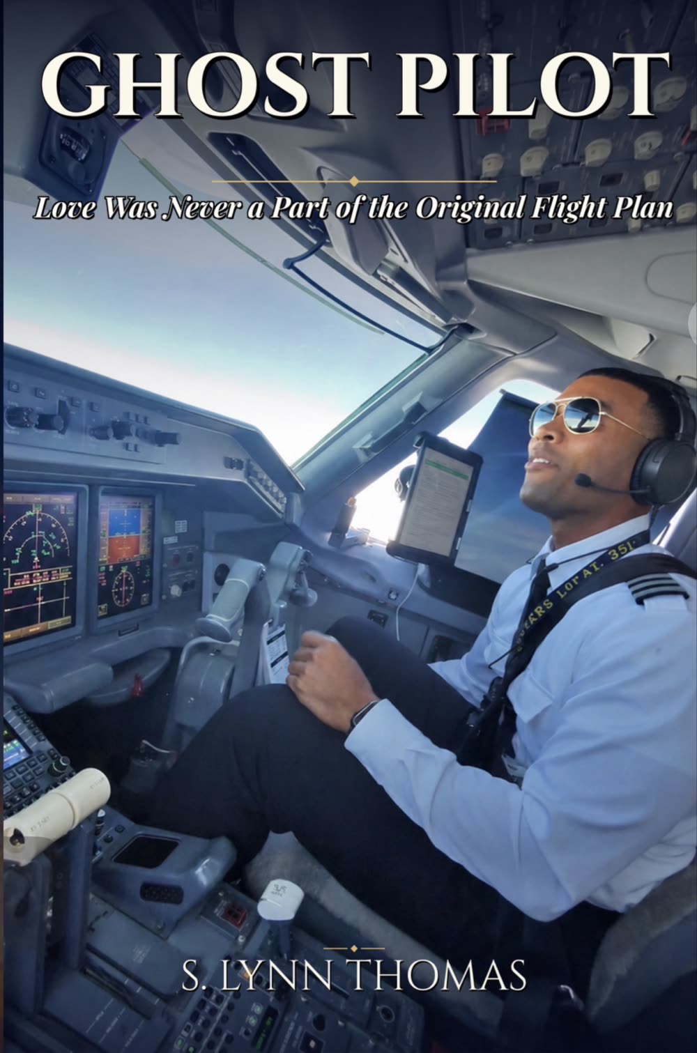 Ghost Pilot cover — First Officer Tyler Hayes in uniform with aviator sunglasses in the cockpit