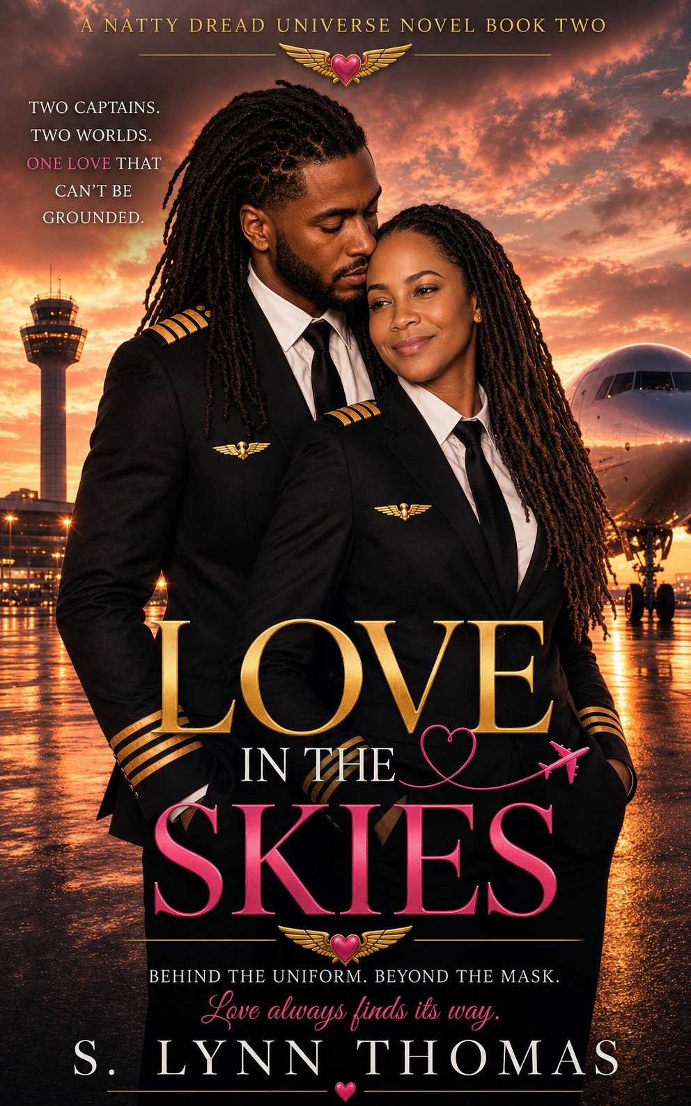 Love in the Skies cover by S. Lynn Thomas — Two Captains. Two Worlds. One Love that Can&rsquo;t be Grounded.