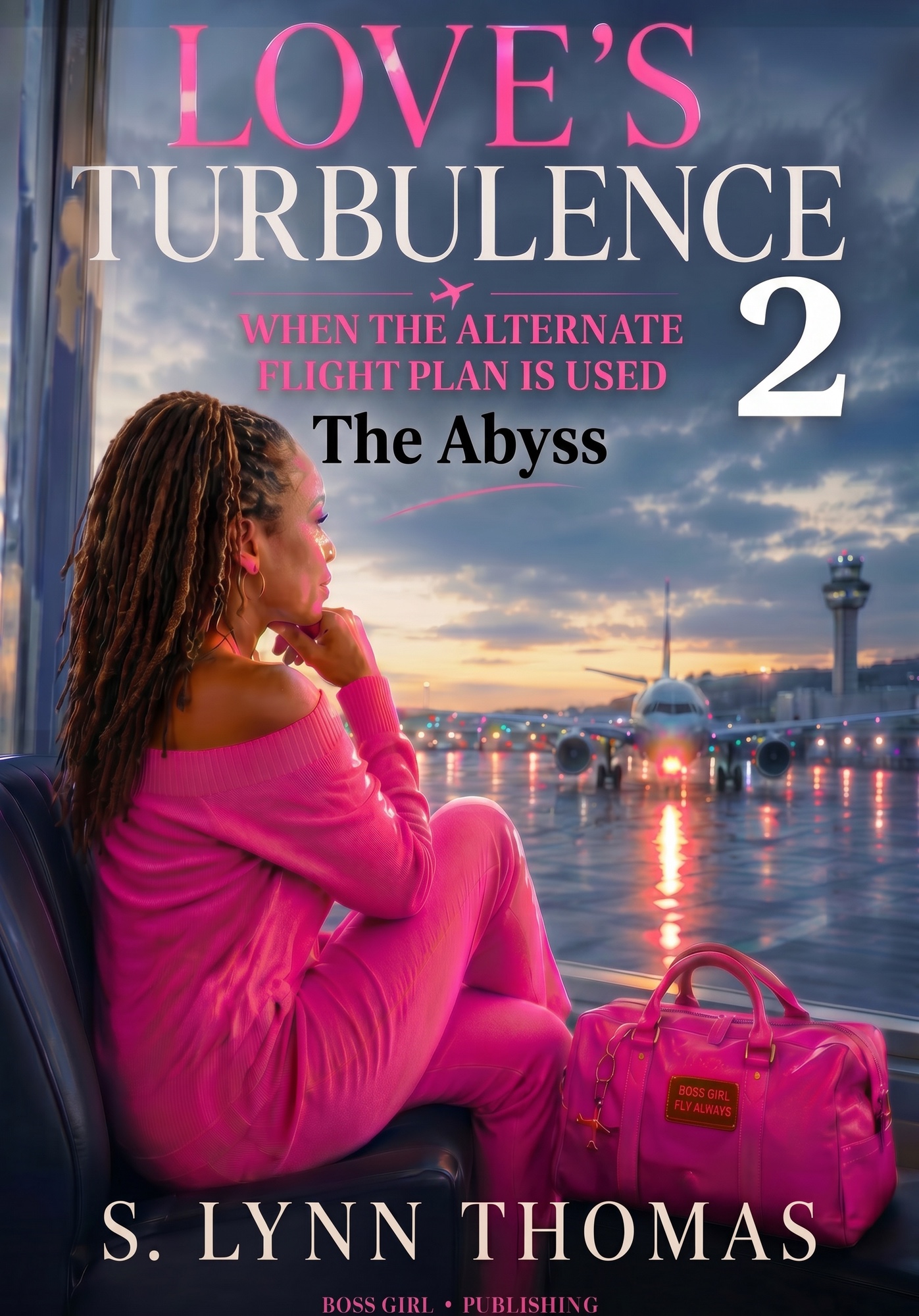 Love's Turbulence 2: The Abyss cover — woman in pink at an airport gate watching planes at dusk