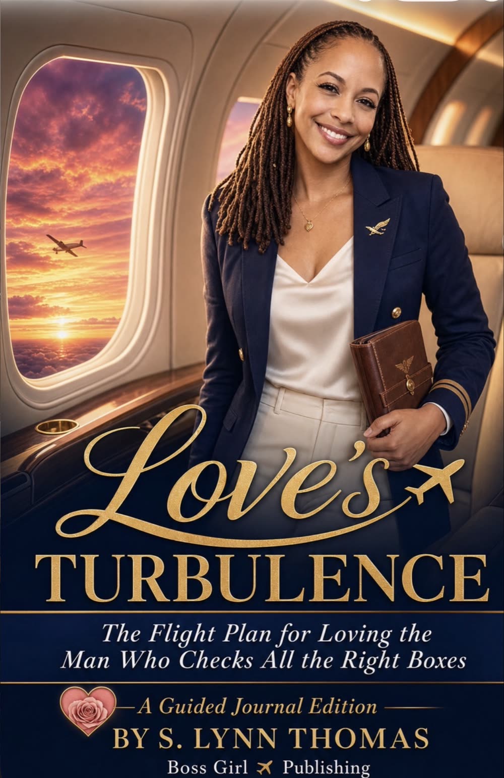 Love's Turbulence — A Guided Journal Edition cover, woman in navy blazer aboard a private jet at sunset, with gold script title and airplane silhouette